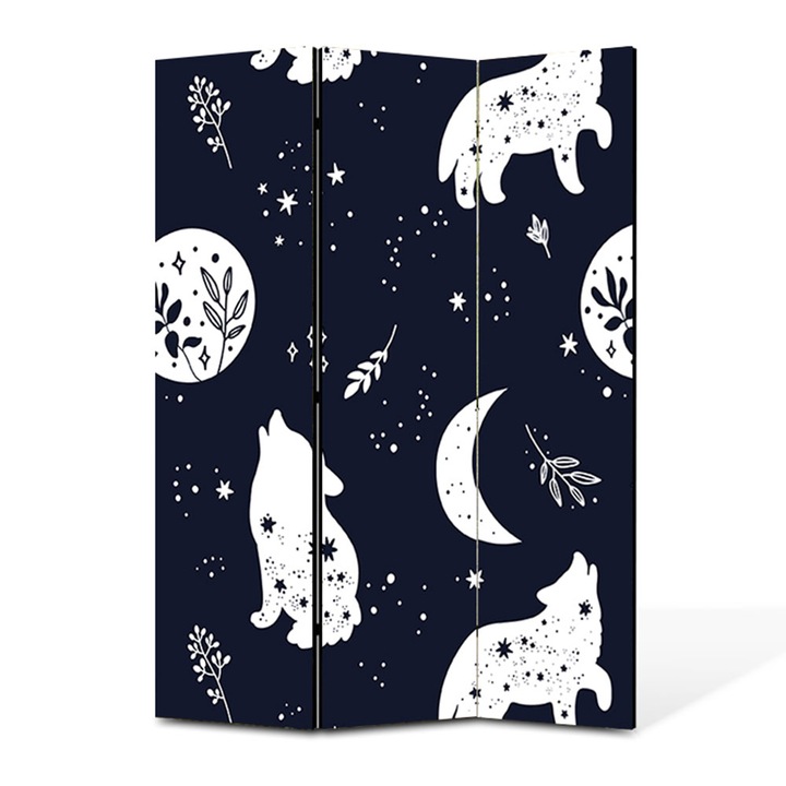 Paravan 3 piese Premium TrueColor, Art Star, Lupi urland in noapte, Pattern, Panza pe cadru de lemn, Decoratiuni Moderne pentru Casa, 3 Panouri de 45x150, 135 x 150 cm