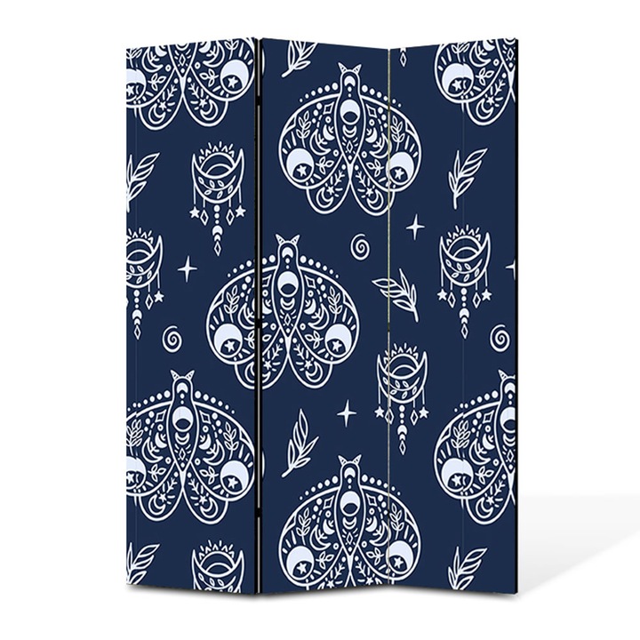 Paravan 3 piese Premium TrueColor, Art Star, Fluturi de noapte decorati pe fundal bleu marin, Pattern, Panza pe cadru de lemn, Decoratiuni Moderne pentru Casa, 3 Panouri de 35x150, 105 x 150 cm