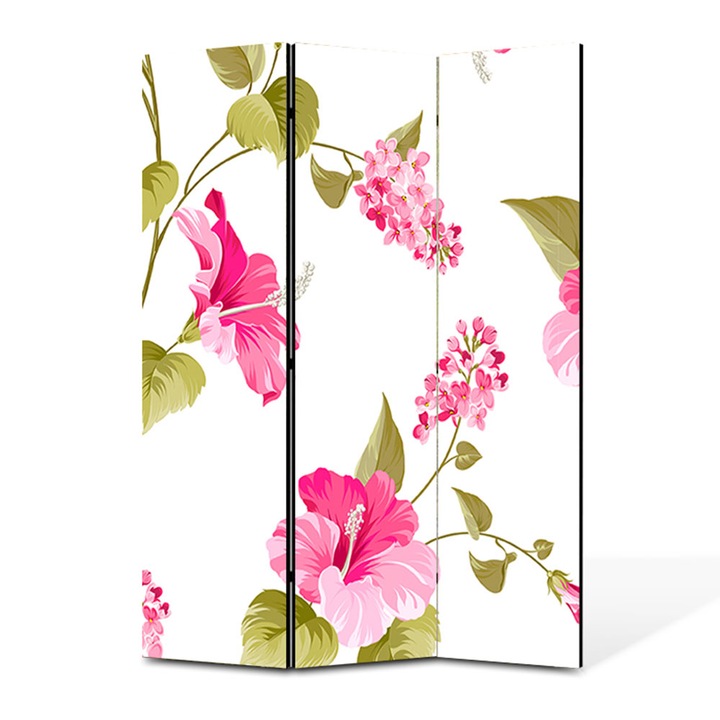 Paravan 3 piese Premium TrueColor, Art Star, Flori roz de primavara, Pattern, Panza pe cadru de lemn, Decoratiuni Moderne pentru Casa, 3 Panouri de 45x150, 135 x 150 cm
