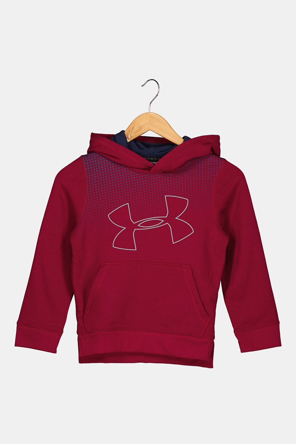 Under Armour, Hanorac cu buzunar kangaroo, pentru antrenament Threadborne Tilt, Rosu Bordeaux/Bleumarin inchis/Gri, 122-127 CM