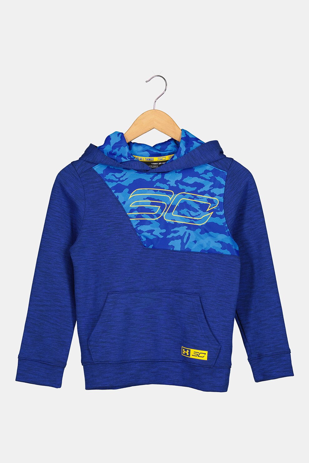 Under Armour, Hanorac cu imprimeu si buzunar kangaroo, Bleumarin/Galben