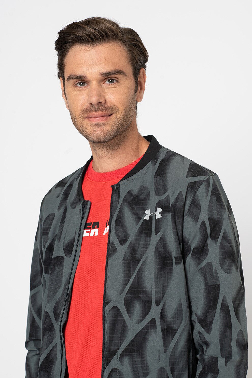 Under Armour, Jacheta cu fermoar si imprimeu grafic, pentru fitness, Negru/Gri inchis, L