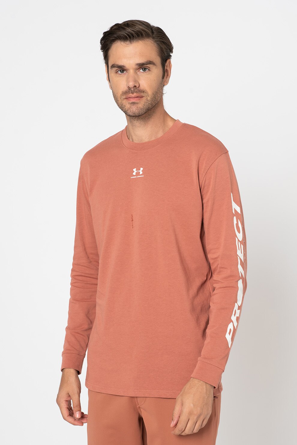 Under Armour, Bluza cu imprimeu logo, pentru fitness, Scortisoara, M