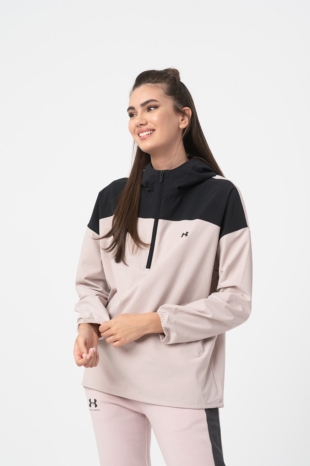 Under Armour, Bluza sport cu fenta cu fermoar, pentru fitness, Roz prafuit/ Negru, XL