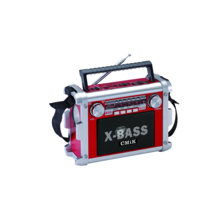 Преносимо радио с акумулаторна батерия, USB вход и SD/TF карта, AC 220V/50Hz, AM / FM / SW ленти на тунера, прикрепена антена, червен цвят