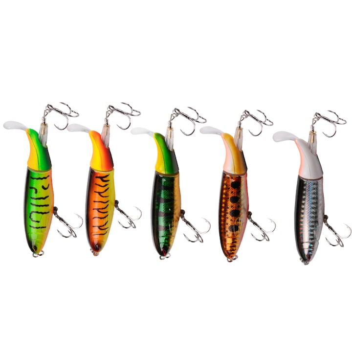 Set 5 voblere coada rotativa, whopper plopper, suprafata, multicolor, floating, pescuit la rapitor, stiuca, somn, momeli plutitoare 14cm, 35gr