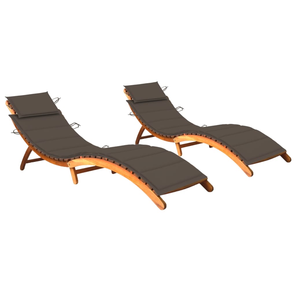 Set de 2 sezlonguri pliabile cu perna vidaXL, Lemn de acacia, 184 x 55 x 64 cm, Gri taupe