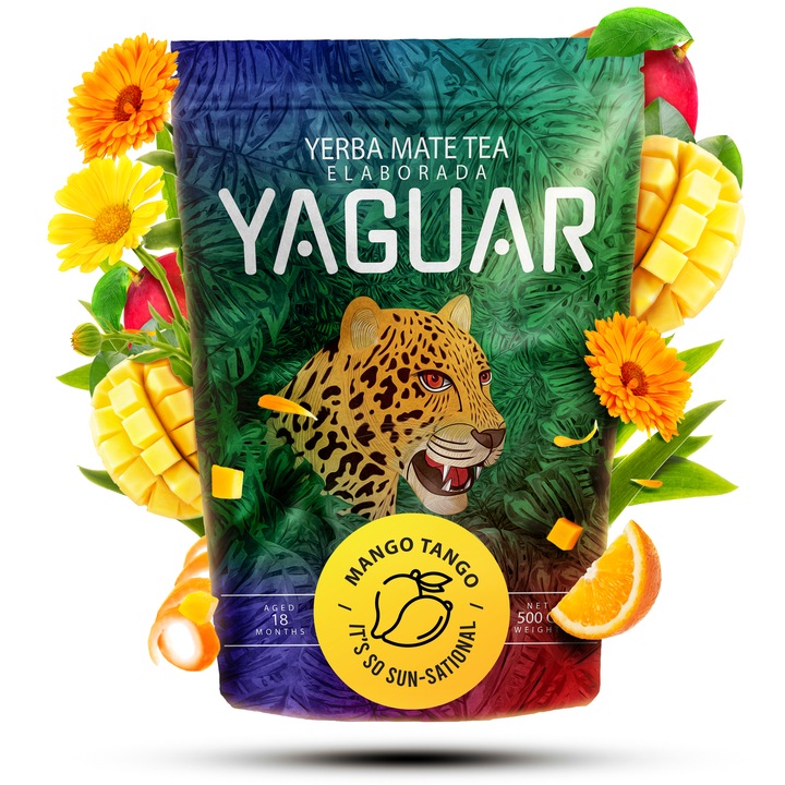 Ceai Yerba Mate, Yaguar Mango Tango, Fructe, Brazilia, Ideal Pentru Incepatori, Fara Praf, Maturat 18 Luni, Gust Bland Fara Amaraciune, 500g