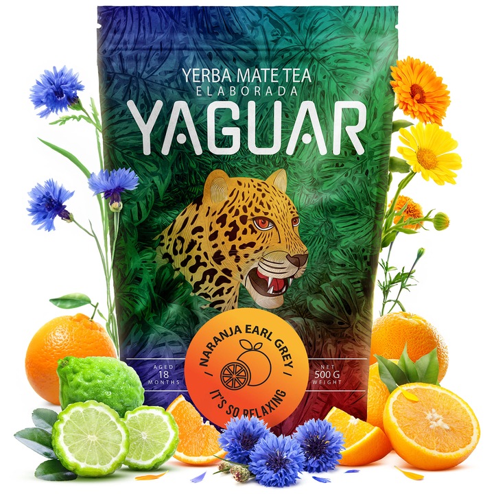 Yerba Mate Tea, Yaguar, Naranja Earl Gray, Enyhe és Aromás, Ideális Kezdőknek, Természetes Stimuláció, Brazília, 500g