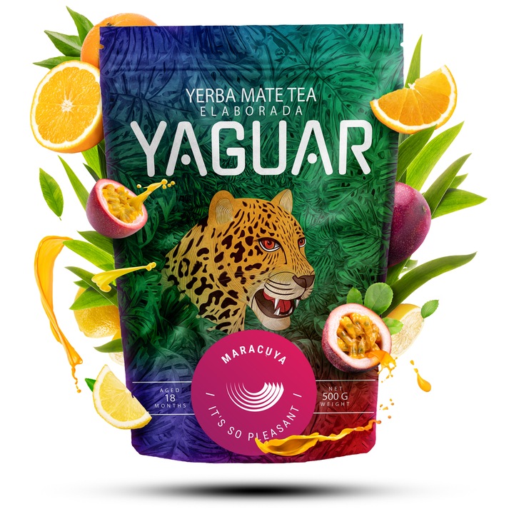 Ceai Yerba Mate, Yaguar Maracuya, Fructe, Brazilia, Ideal Pentru Incepatori, Fara Praf, Maturat 18 Luni, Gust Bland Fara Amaraciune, 500g