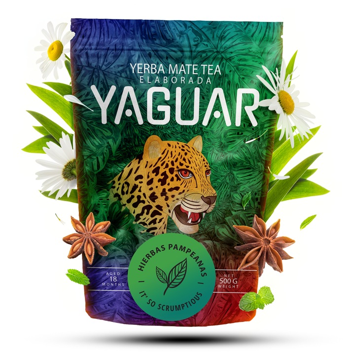 Yerba Mate Tea, Yaguar, Hierbas Pampeanas, Enyhe, Brazil, Gyógynövényes, 500g