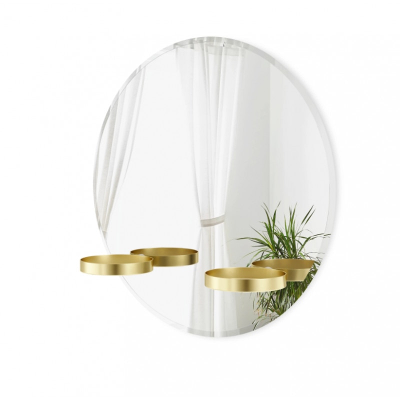 Oglinda rotunda de perete cu doua rafturi circulare din alama, Perch, 60 x 60 x 18 cm