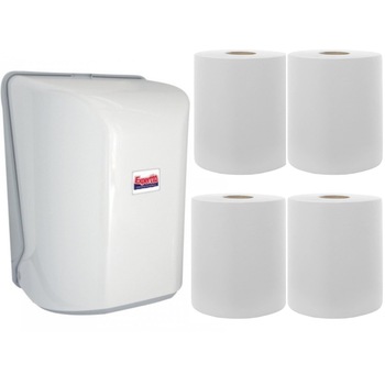 Pachet 1 x Dispenser pentru prosoape din hartie, alb, plastic si 4 x Prosop hartie, 2 straturi, 650 gr, 100% celuloza Pachet 1 x Dispenser pentru prosoape din hartie, alb, plastic si 4 x Prosop hartie, 2 straturi, 650 gr, 100% celuloza