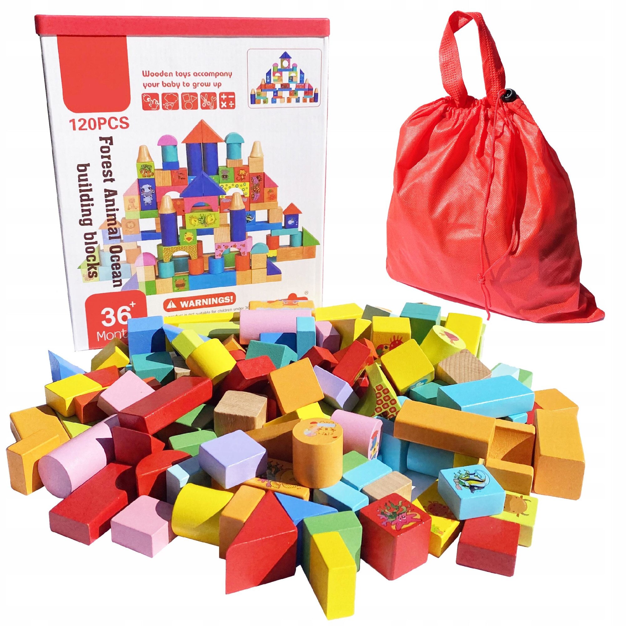 Jucarie educativa, Set blocuri de lemn, Animale, 120 piese, Multicolor