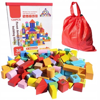 Jucarie educativa, Set blocuri de lemn, Animale, 120 piese, Multicolor Jucarie educativa, Set blocuri de lemn, Animale, 120 piese, Multicolor