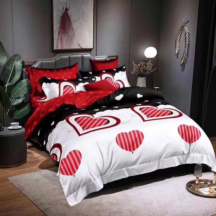 Set Lenjerie de pat dublu finet 6 piese cu Pilota 200 x 220 cm si 2 perne, Ralex Pucioasa, PFN181 - Inimi