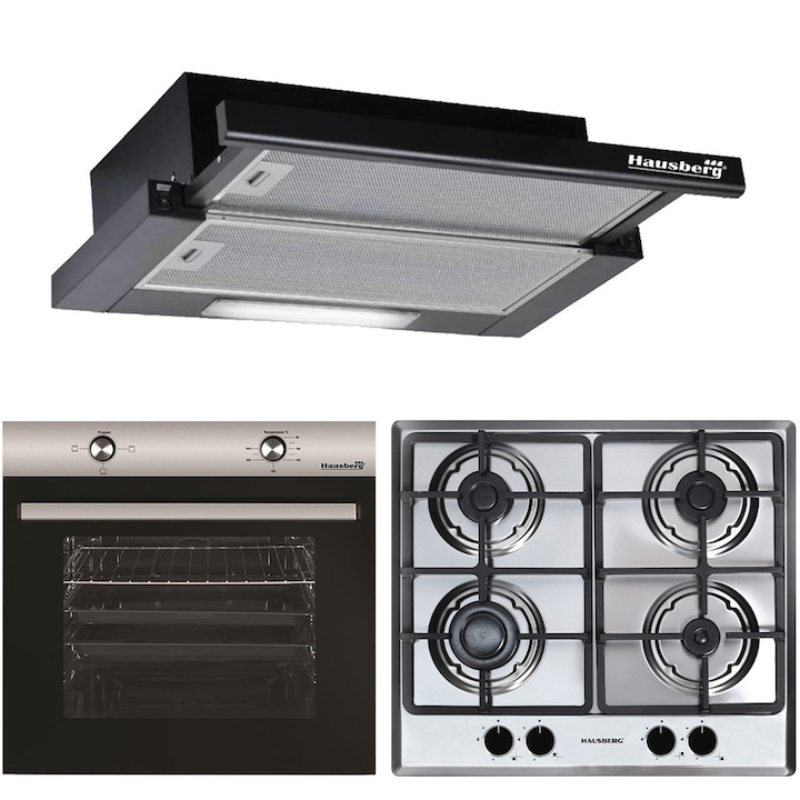 Pachet incorporabil Hausberg Cuptor electric HB-8051, Clasa A, 76L, 2000W, Negru/Inox Plita Incorporabila HB-555, 4 arzatoare, Gaz, Inox, Hota incorporabila telescopica HB-1285NG, Putere de absorbtie 420 m3/h, 2 motoare, 60 cm, Negru