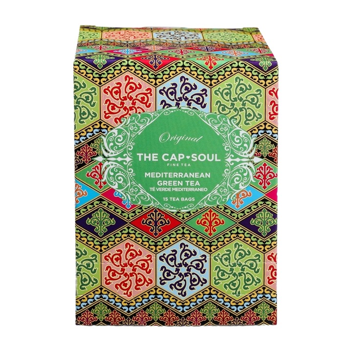 Zöld tea The Cap Soul, Mediterraneo, 15 tasak, gyógynövény, antioxidáns tulajdonságokkal, tisztító, 100%-ban természetes összetevők