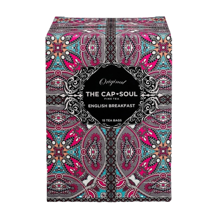 Fekete tea The Cap Soul, angol reggeli, 15 tasak, gyógynövényes, energetizáló, antioxidáns, vitaminokban gazdag, 100%-ban természetes összetevők