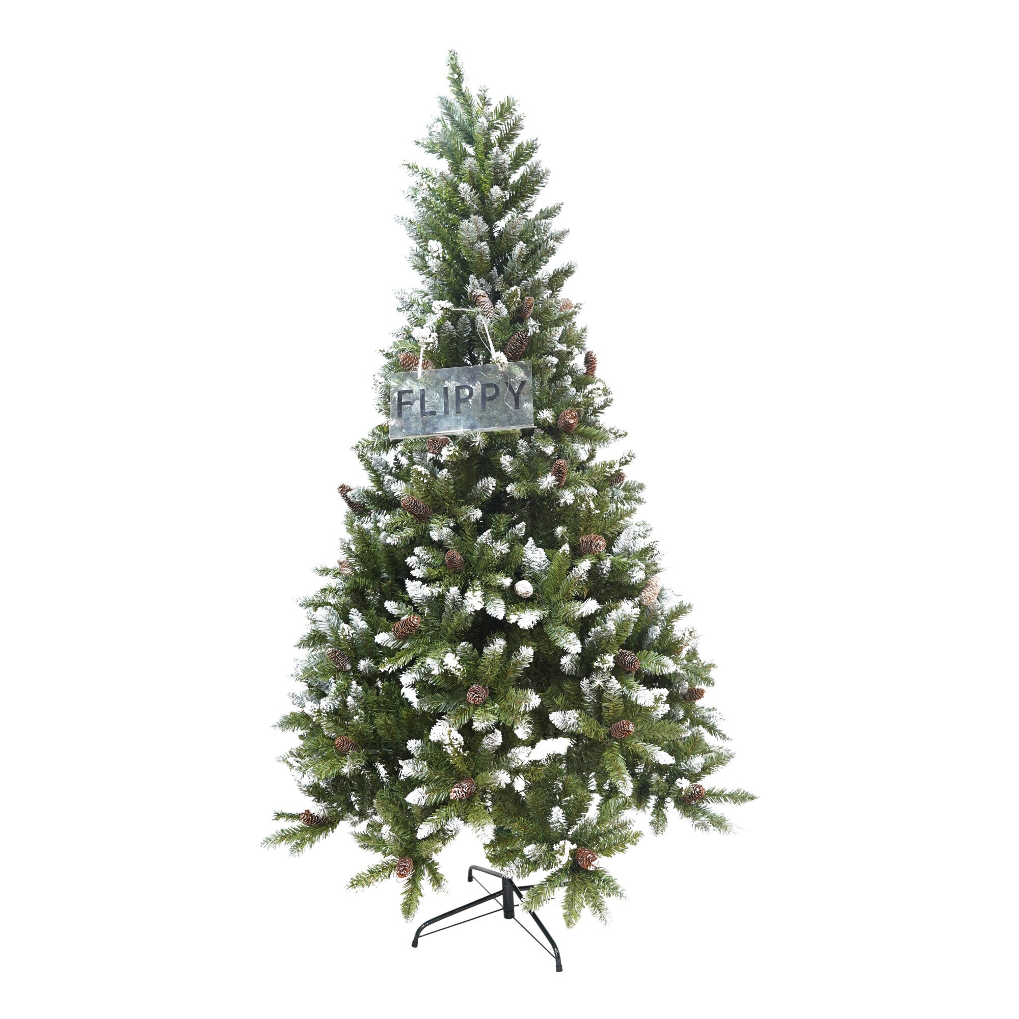 Brad artificial decorat, Flippy, culoare verde, pulverizat alb, diametrul inferior 110cm, marimea 180cm