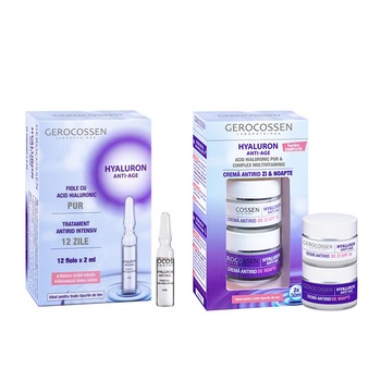 Set Gerocossen Hyaluron, Crema anti-age spf 10 de zi 50 ml, Crema anti-age de noapte 50 ml, Fiole cu acid hialuronic pur 12 fiole x 2 ml Set Gerocossen Hyaluron, Crema anti-age spf 10 de zi 50 ml, Crema anti-age de noapte 50 ml, Fiole cu acid hialuronic pur 12 fiole x 2 ml