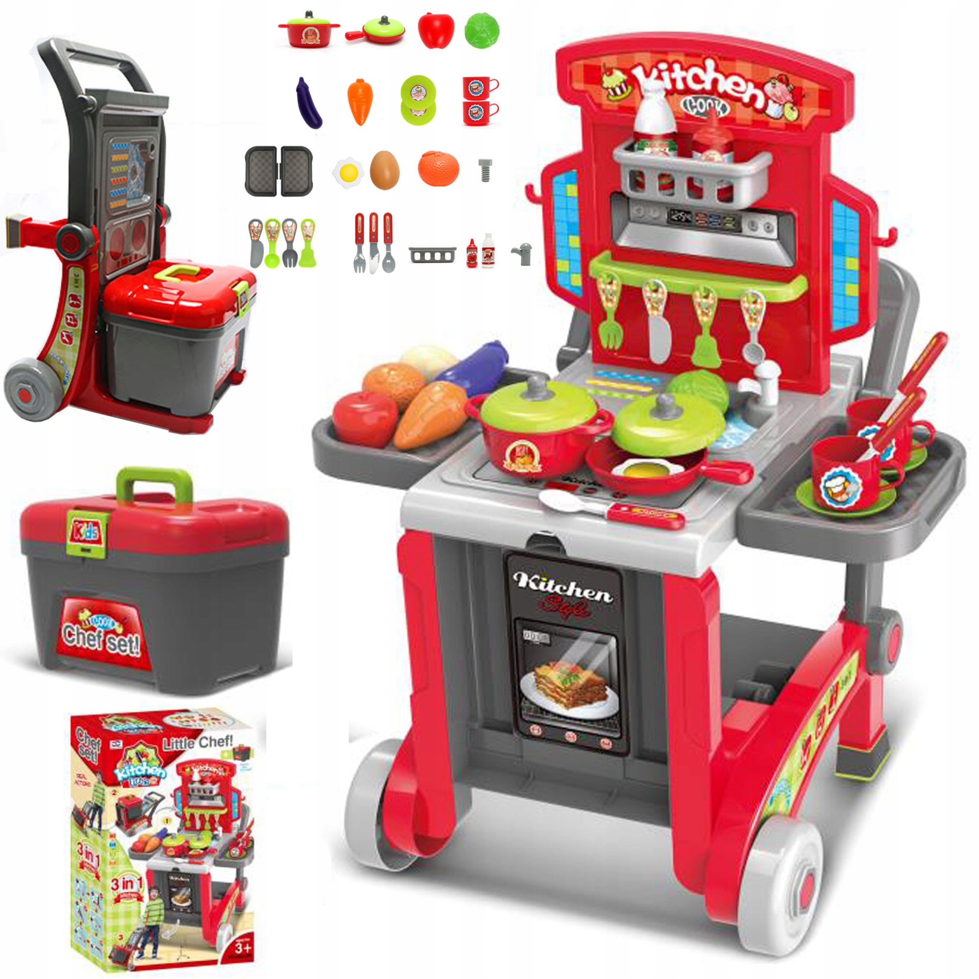 Set bucatarie pentru copii, 3 in 1, Accesorii, Rosu/Negru