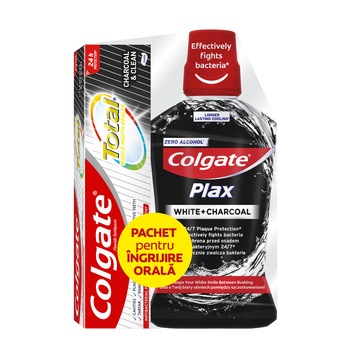 Pachet promo: Pasta de dinti Colgate Total Charcoal & Clean, 100 ml + Apa de gura Colgate Plax White + Charcoal, 500 ml Pachet promo: Pasta de dinti Colgate Total Charcoal & Clean, 100 ml + Apa de gura Colgate Plax White + Charcoal, 500 ml