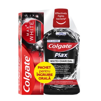 Pachet promo: Pasta de dinti pentru albire Colgate Max White Charcoal, 75ml + Apa de gura Colgate Plax White + Charcoal, 500 ml Pachet promo: Pasta de dinti pentru albire Colgate Max White Charcoal, 75ml + Apa de gura Colgate Plax White + Charcoal, 500 ml