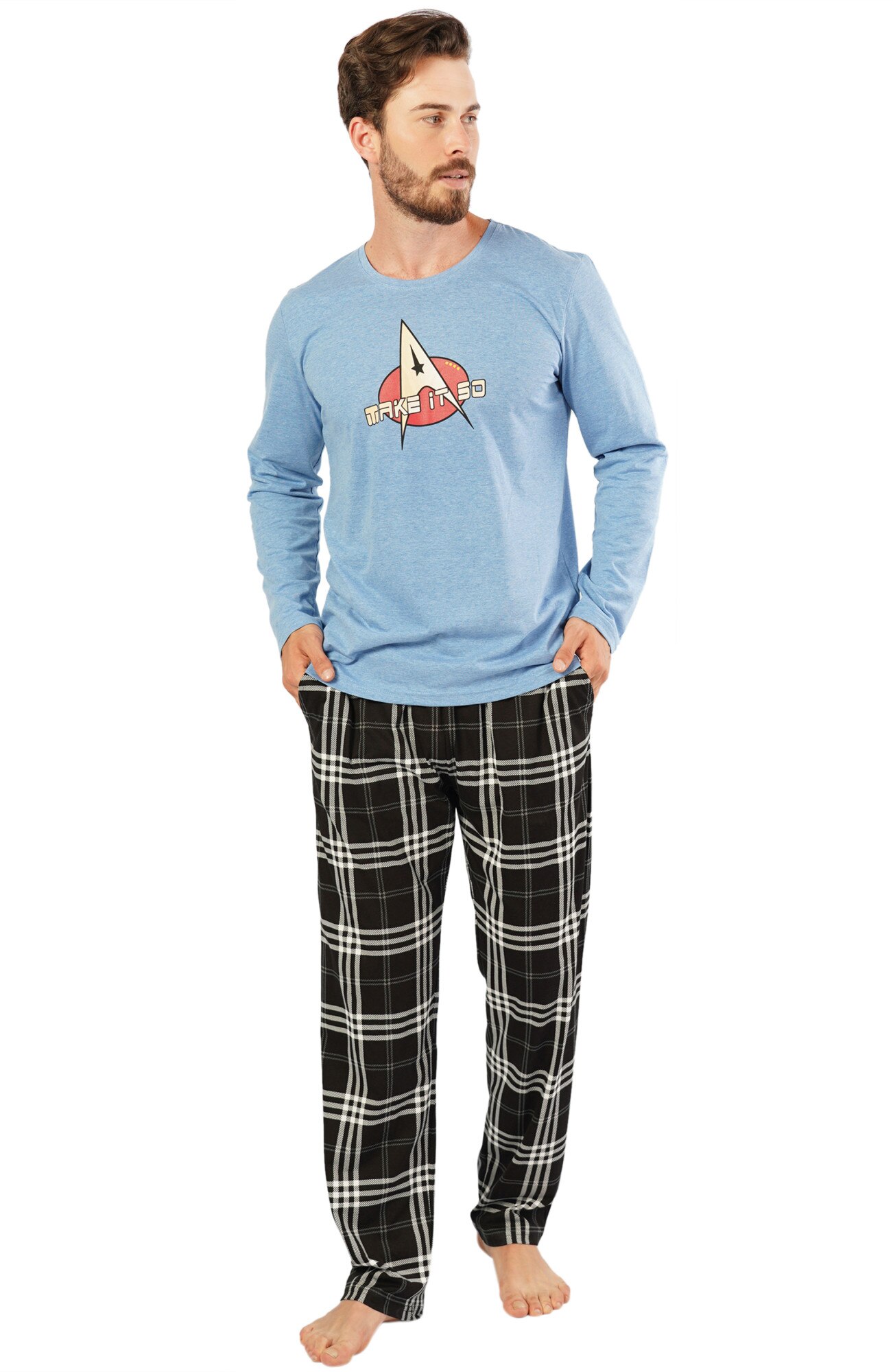 Pijama barbati Gazzaz by Vienetta, model Make it So, albastru melange/negru