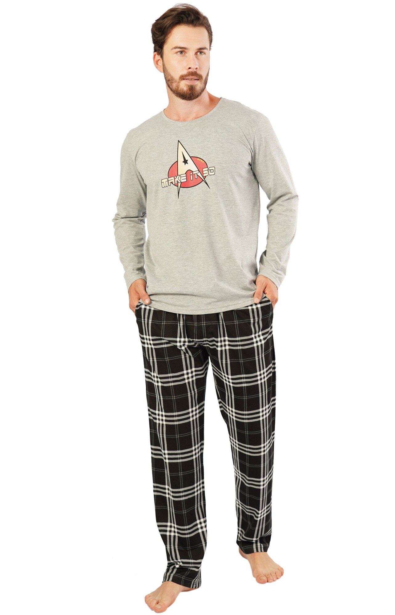 Pijama barbati Gazzaz by Vienetta, model Make it So, gri melange/negru