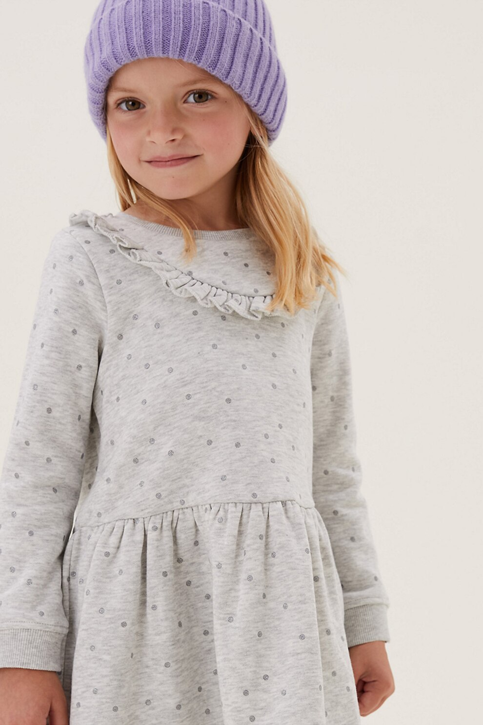 Marks & Spencer, Rochie evazata din jerseu cu buline stralucitoare, Gri cenusa/Gri deschis, 98-104 CM