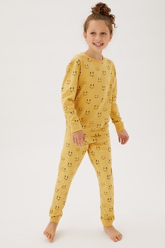 Marks & Spencer, Set de pijama din bumbac cu model - 4 piese, Gri inchis/galben/albastru Marks & Spencer, Set de pijama din bumbac cu model - 4 piese, Gri inchis/galben/albastru