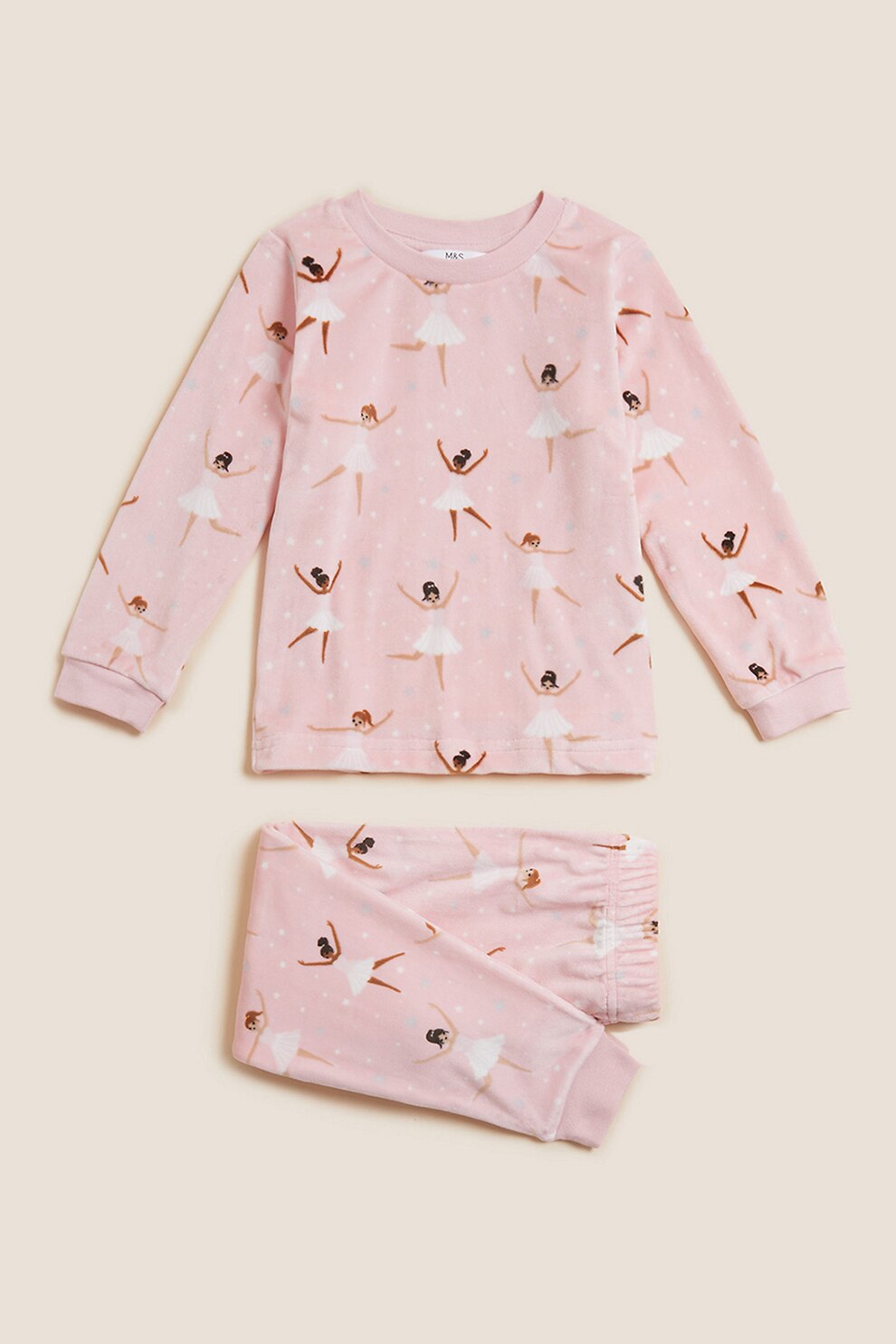 Marks & Spencer, Pijama lunga cu imprimeu grafic, Roz pastel/Alb/Maro