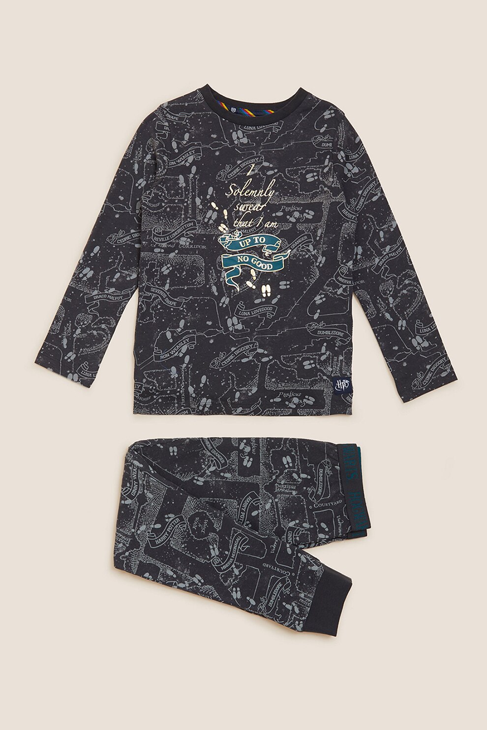 Marks & Spencer, Pijama lunga cu imprimeu Harry Potter, Gri inchis/albastru petrol/galben pal