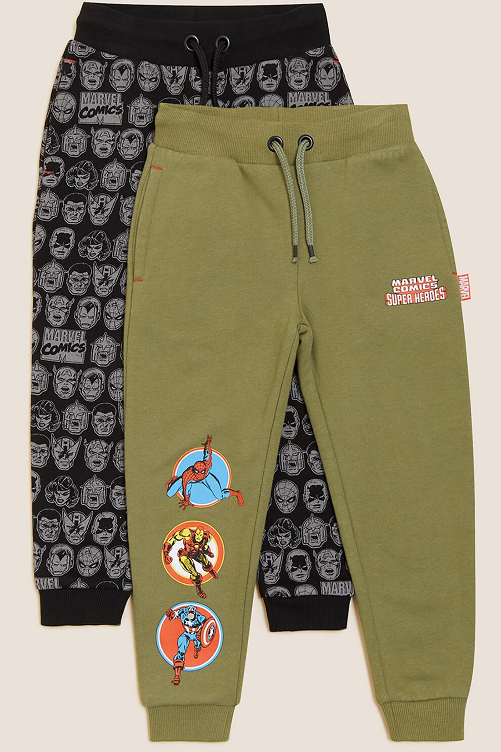 Marks & Spencer, Set de pantaloni sport cu imprimeu cu desene animate - 2 perechi, Negru/verde oliv/gri cenusa