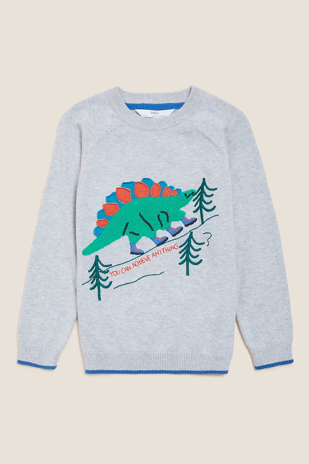 Marks & Spencer, Pulover cu decolteu la baza gatului si maneci raglan, Gri deschis/Verde/Albastru, 98-104 CM