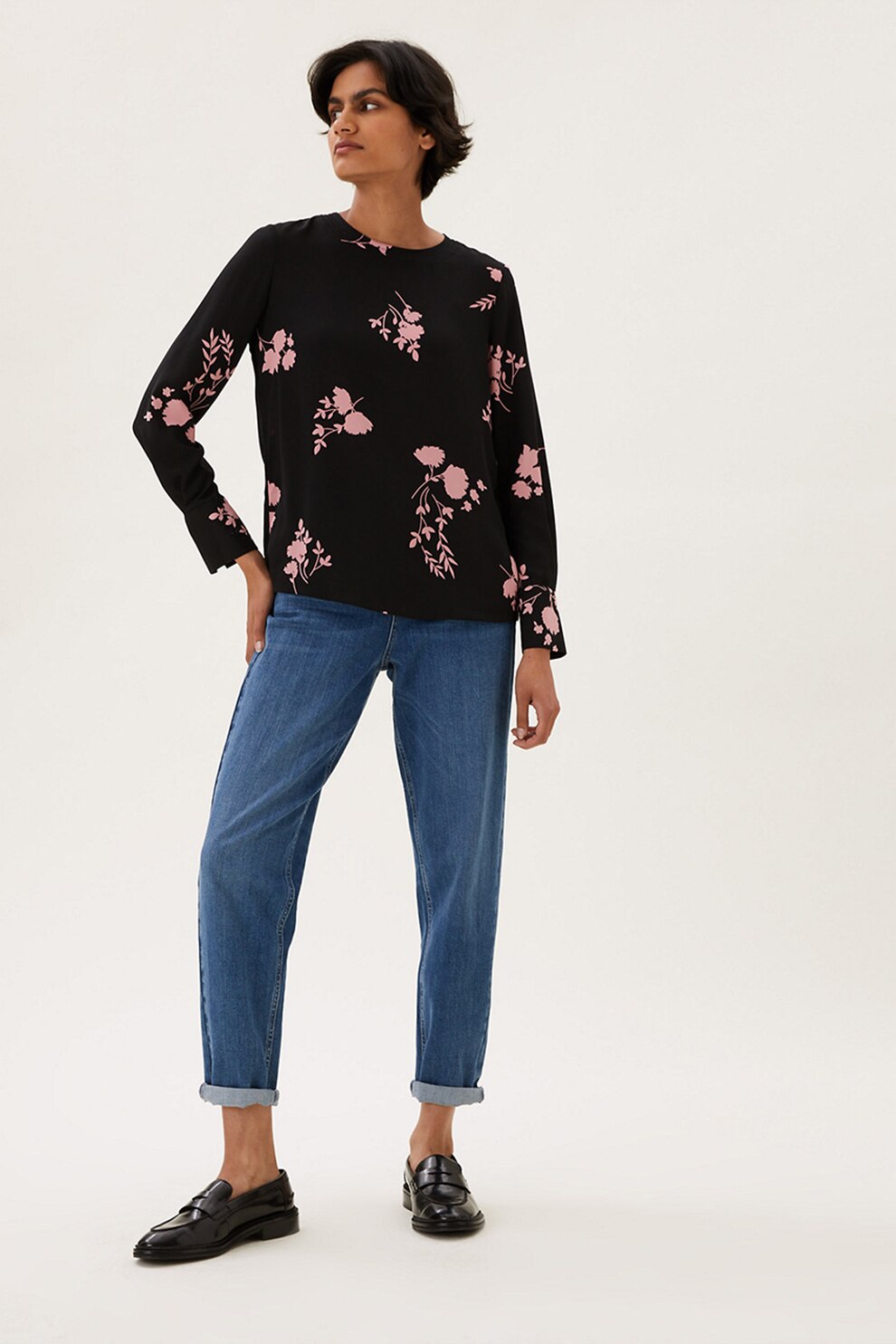 Marks & Spencer, Bluza cu imprimeu floral, Negru/Roz pastel, 38