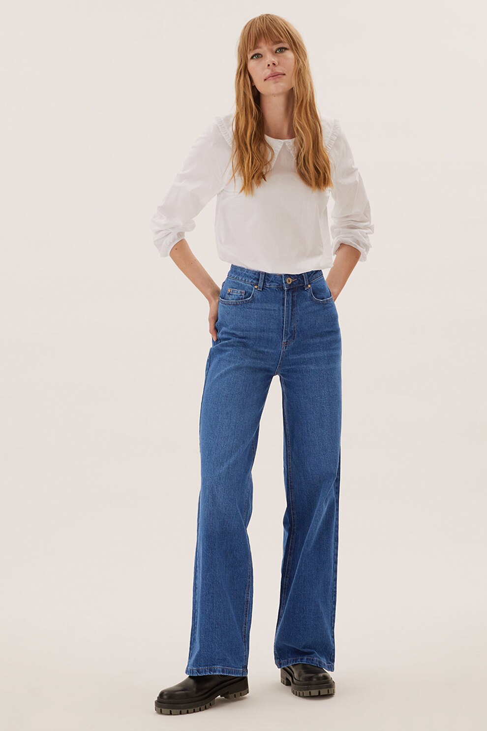 Marks & Spencer, Blugi cu croiala ampla si talie inalta, Albastru