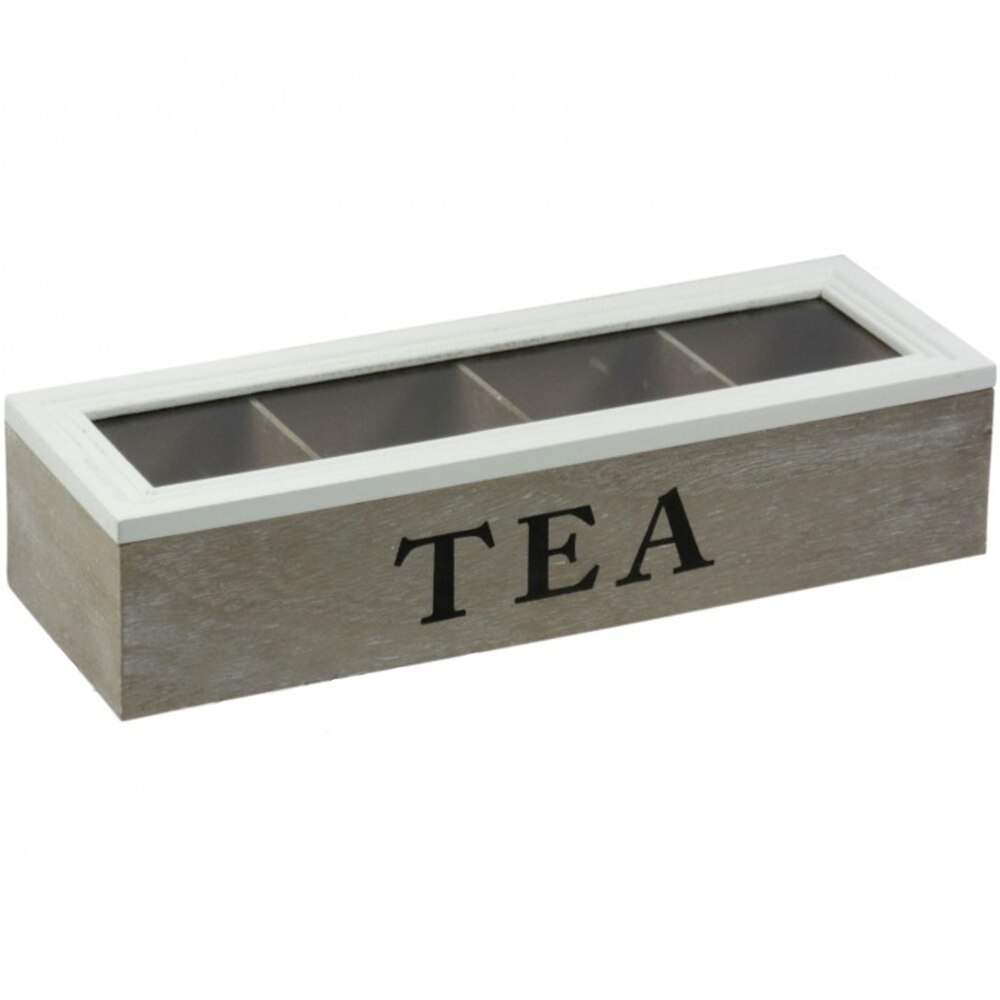 Cutie pentru ceai, 4 compartimente, lemn, 34 x 11 x 7.5 cm, capac maro-alb