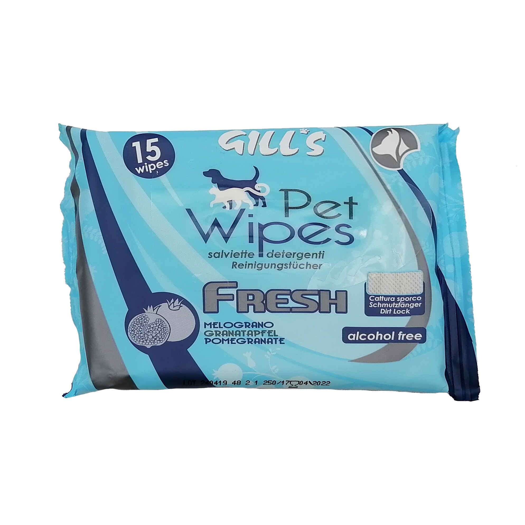 Servetele umede pentru caini si pisici, Gill's, fara alcool, cu rodie, 15 bucati, c6052515