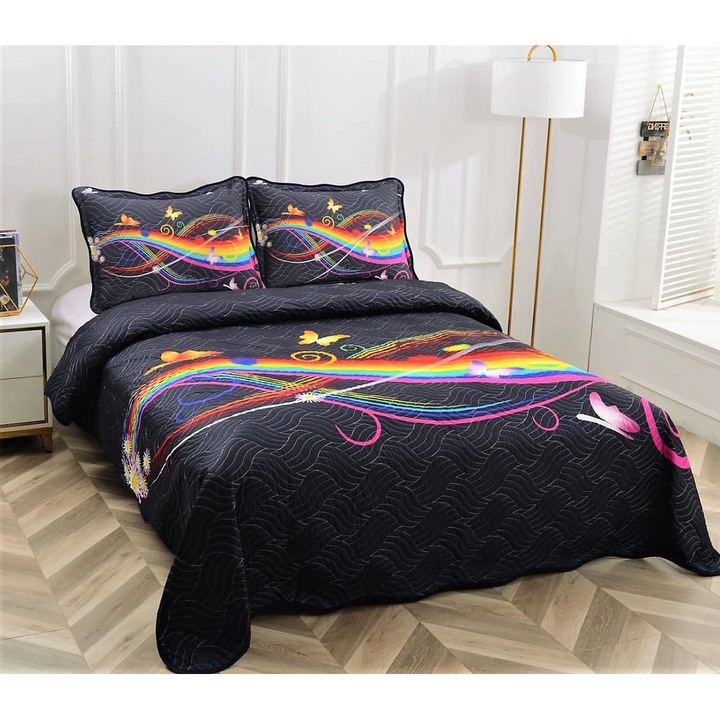 Set cuvertura de pat cu 2 fete de perna, 3 piese, din bumbac finet, imprimata, matlasata, multicolor, CVP3-08, 230x250 cm