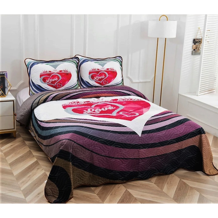 Set cuvertura de pat cu 2 fete de perna, 3 piese, din bumbac finet, imprimata, matlasata, multicolor, CVP3-03, 230x250 cm