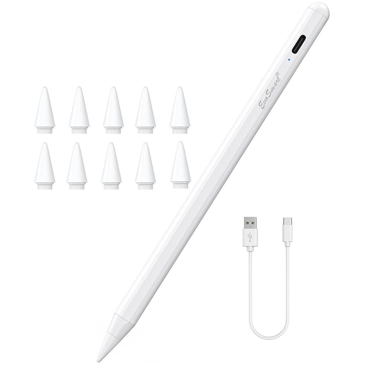 Stylus iPad Touch Pen EvoSmart™ Universal Profesional cu 10 penite, Pix pentru tableta iPad Apple 2010-2017, Android, Windows, Touch Control, Fara Lag, Pencil Magnetic, USB-C, Penite POM anti-zgarietura , Alb