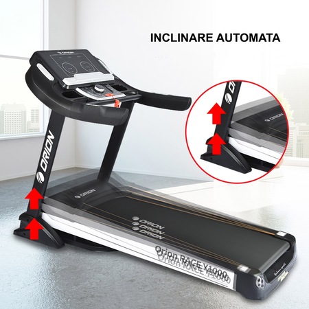 Banda de alergat electrica semiprofesionala Orion Race Y1000, greutate maxima utilizator 150kg, motor 3.5cp, bluetooth Fitshow, inclinare automata, pliabila pe cilindru