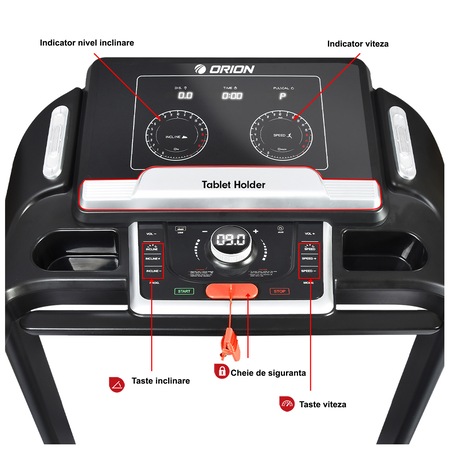 Banda de alergat electrica semiprofesionala Orion Race Y1000, greutate maxima utilizator 150kg, motor 3.5cp, bluetooth Fitshow, inclinare automata, pliabila pe cilindru