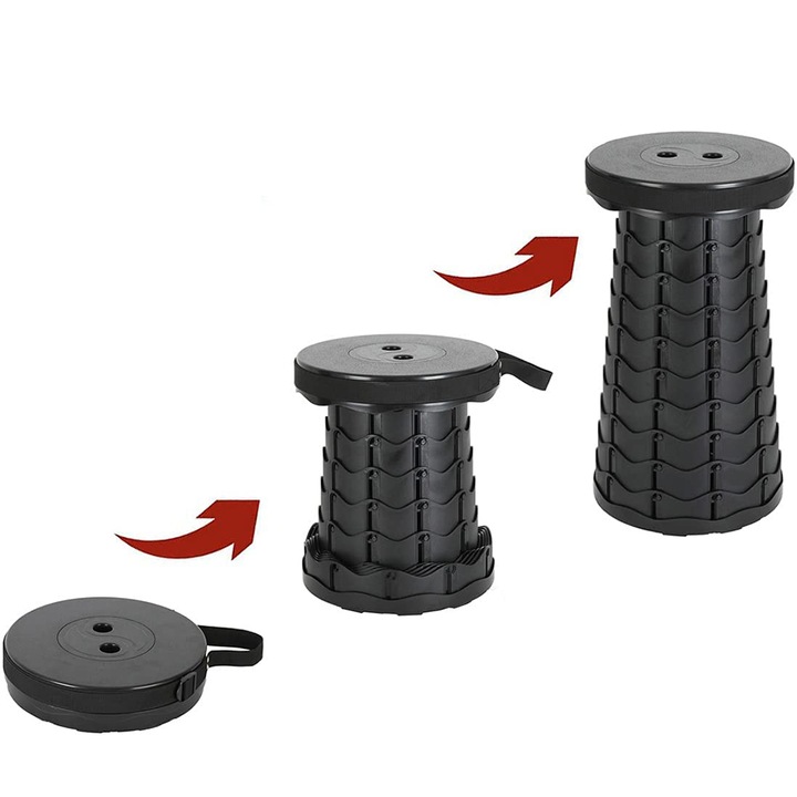 Scaun rotund retractabil, awwaline®, negru, extensibil, pliabil, portabil, ideal pentru activitati outdoor, camping, pescuit