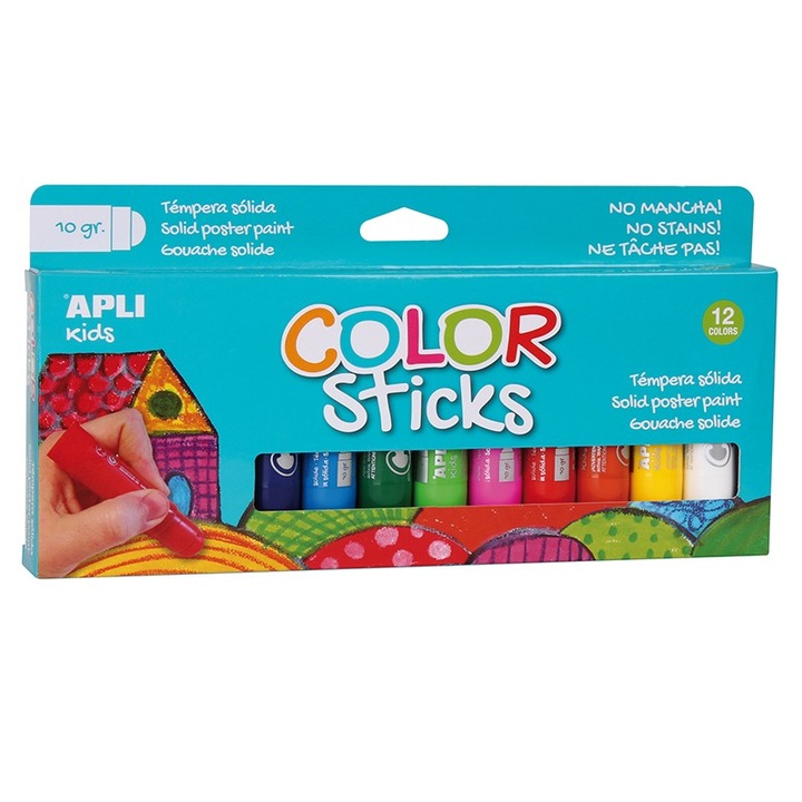 Суха темперна боя стик APLI Kids, 12 пастелни цвята