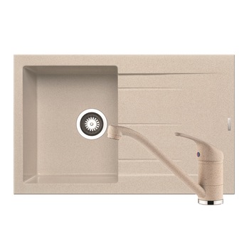 Pachet chiuveta + baterie de bucatarie Pyramis ALAZIA 790x500mm, adancime cuva 200mm, reversibila, baterie MODO, montare pe blat, finisaj bej Pachet chiuveta + baterie de bucatarie Pyramis ALAZIA 790x500mm, adancime cuva 200mm, reversibila, baterie MODO, montare pe blat, finisaj bej