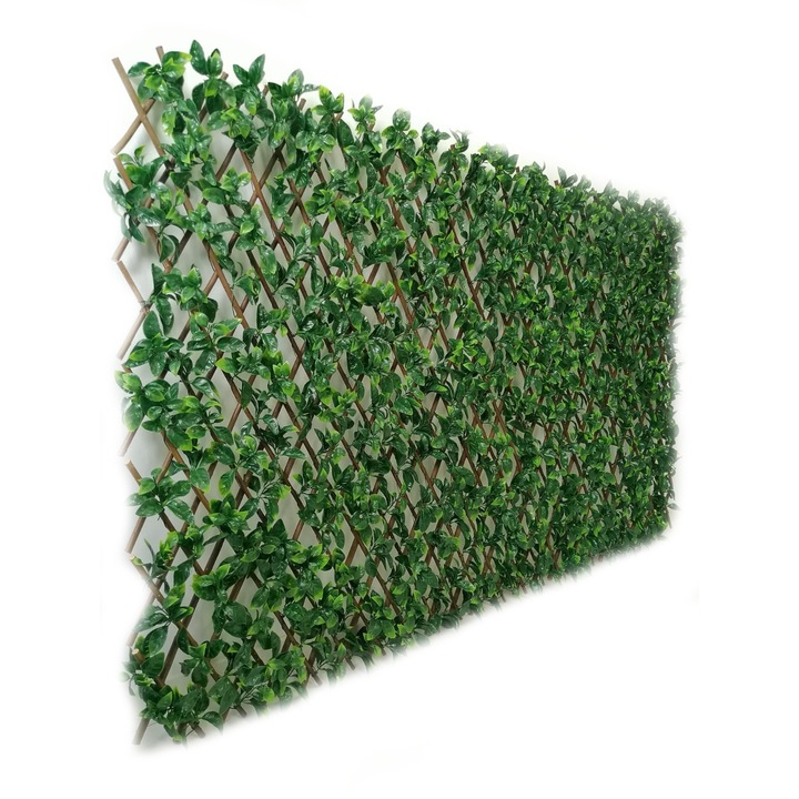 Paravan verde artificial extensibil din rachita si plante artificiale dens 120x 120 cm