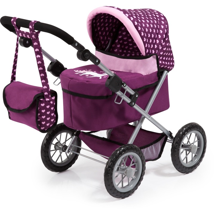 Carucior pliabil pentru papusi tip landou Bayer Trendy Inimioare Mov cu maner reglabil pana la 68cm, gentuta de umar si husa picioare incluse, roti rezistente, cadru metalic, dimensiune 67x41x68 cm